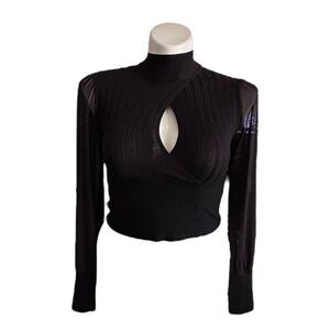 Almost Famous Women's Junior Elegant, Ribbed, Mock Neck, Sheer Mesh, Tops, Long
